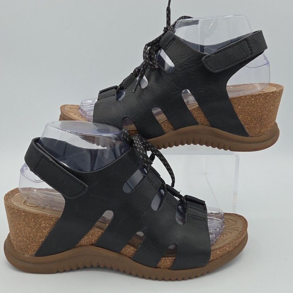 Bionica Sandals Womens 8.5 Slingback Black Leather Lace Up Open Toe Wedge Sorena